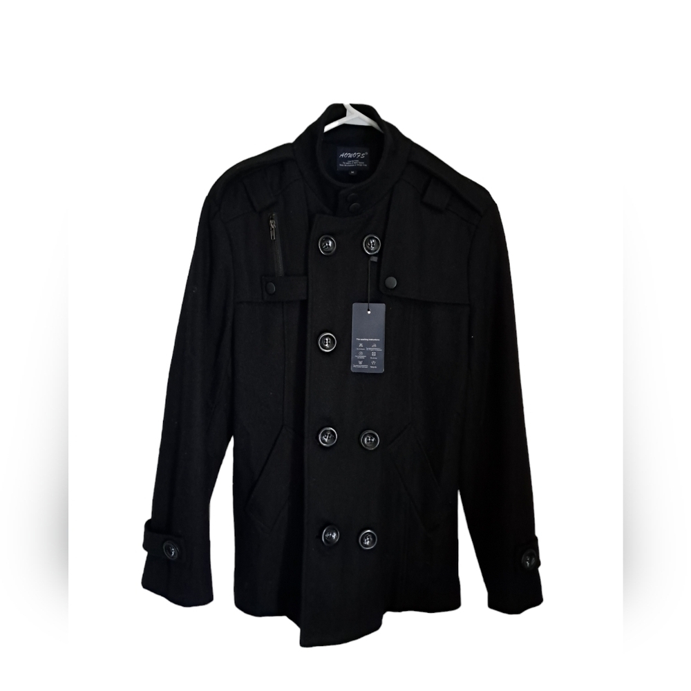 Men's lightweight navy blue peacoat double breasted cotton wool feel lined Small